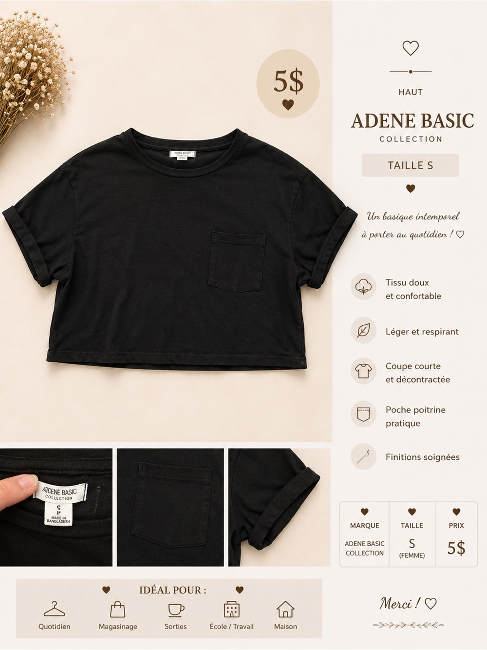Ardene Black Cropped Pocket Tee